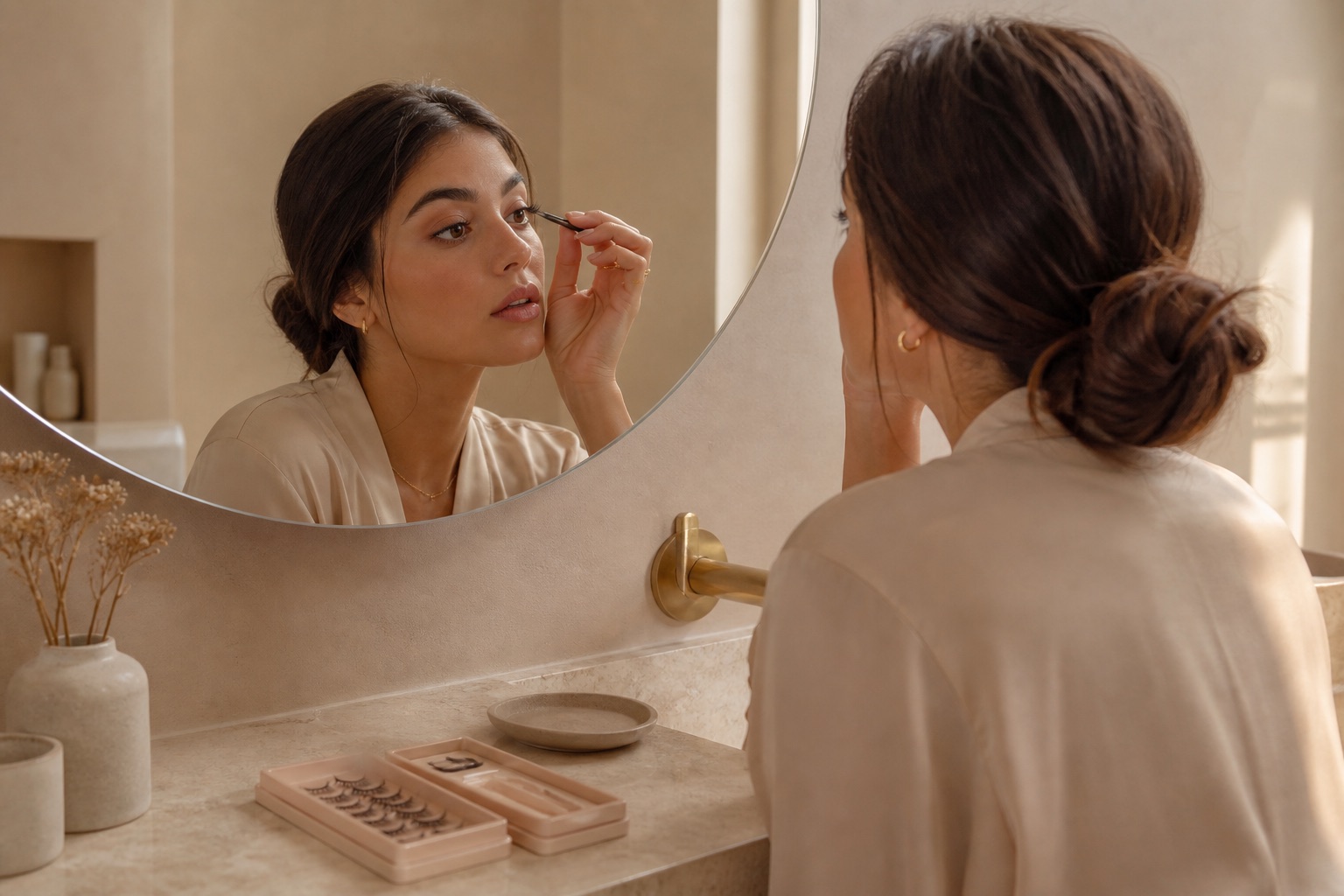 Applying Soyosee lashes at a minimalist vanity